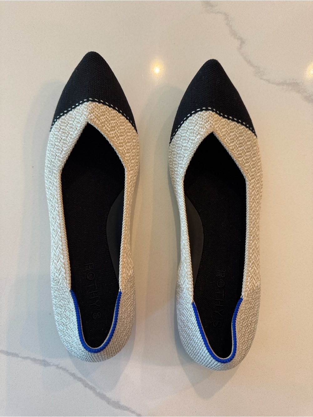 Rothy's Black Cap Toe Pointed Knit Flats with Cream Body